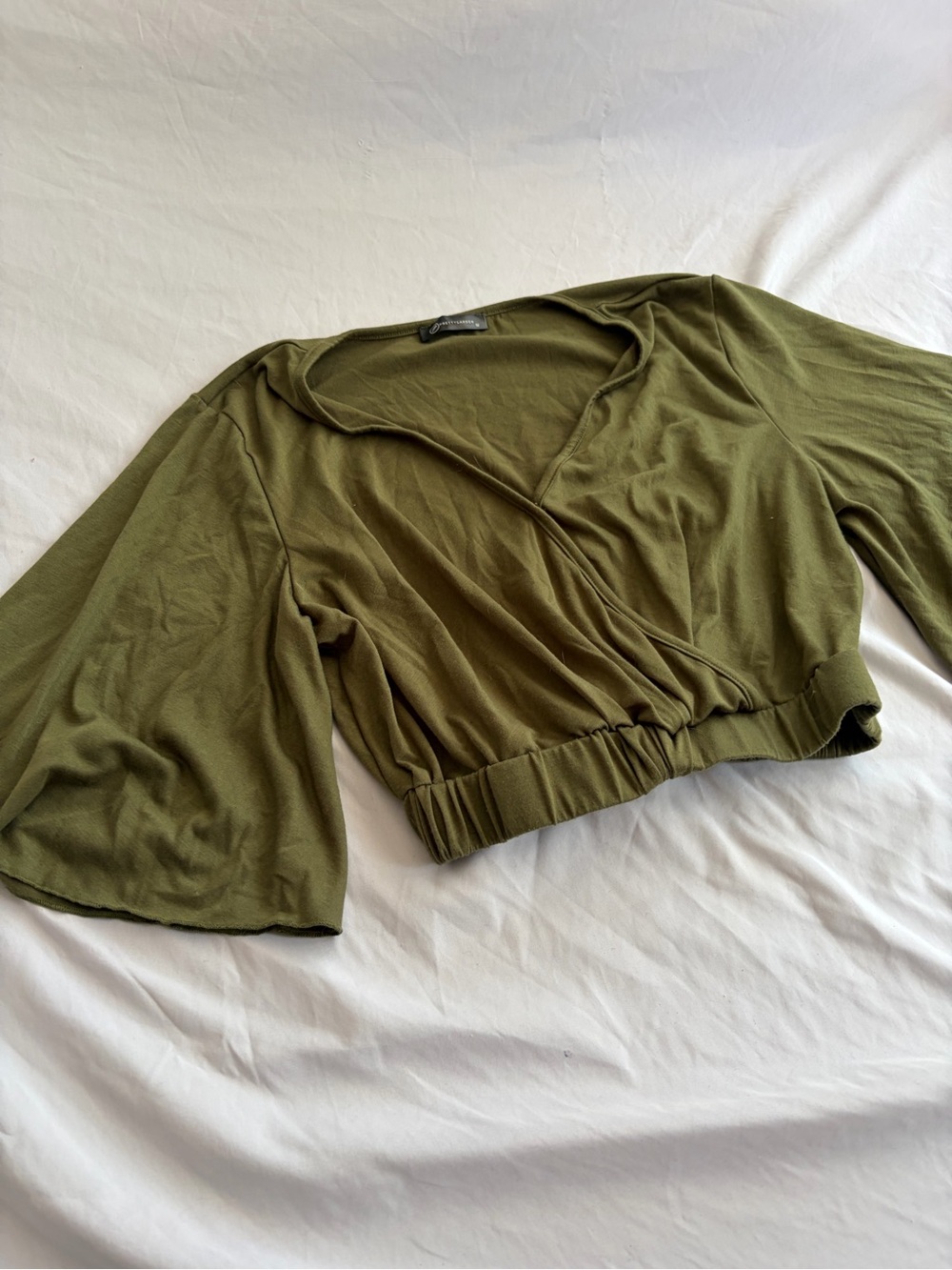 Olive Wrap Crop Top with Elastic Waist and Wide Sleeves Size M